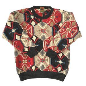 Vintage Boston Traders Mens Sweater Large Wool Hand Knit Chunky 90s Maximalist